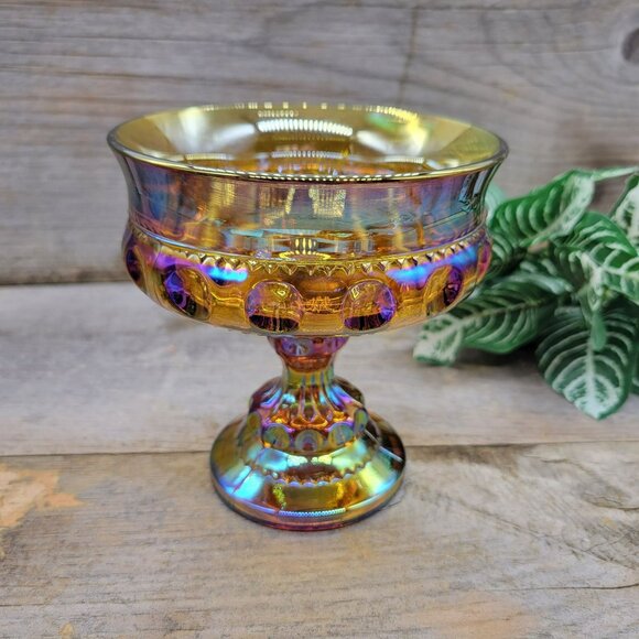 Candy Dish King's Crown Colony Marigold Carnival Glass Iridescent Compote - Picture 2 of 11